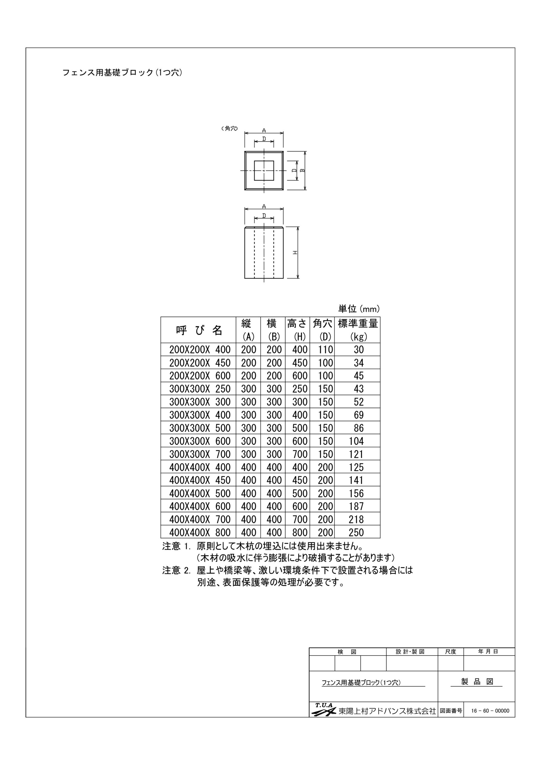 フェンス用基礎ブロック(1つ穴) | 東陽上村アドバンス株式会社
